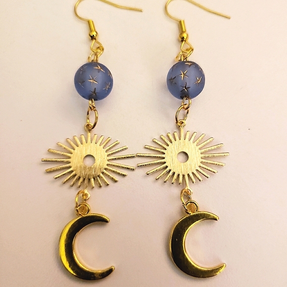 Handmade Jewelry - Handmade Beaded Boho Gold Celestial Sunburst Moon Dangle Earrings